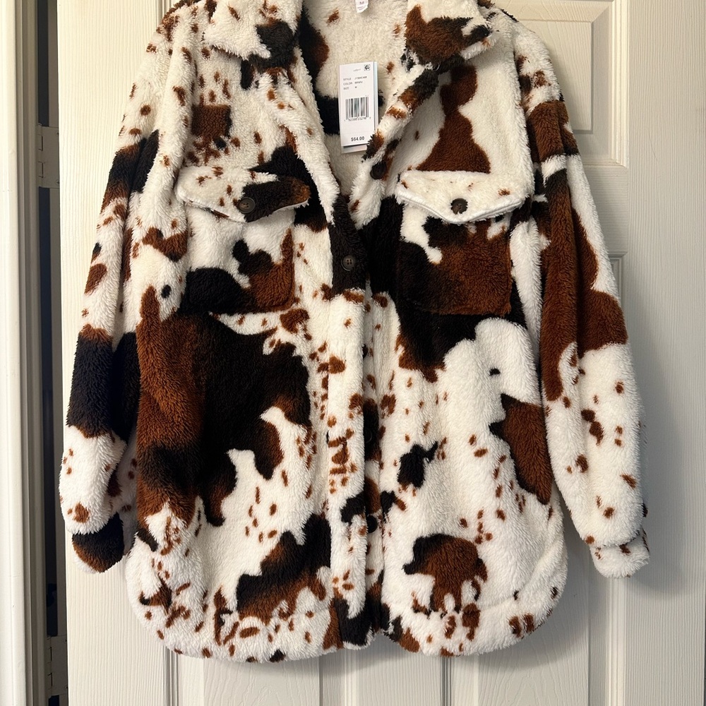 Brown and White Jean Jacket with Cow Print